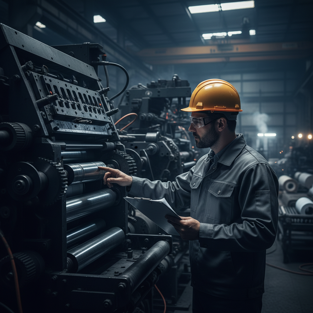 Engineer inspecting industrial equipment with tablet